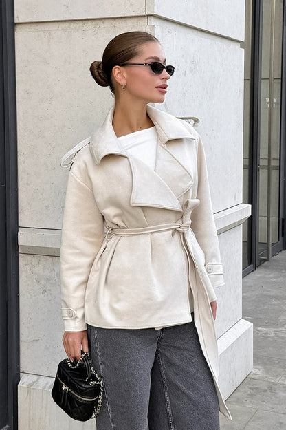 Suede Solid Tie Waist Thickened Warm Coat