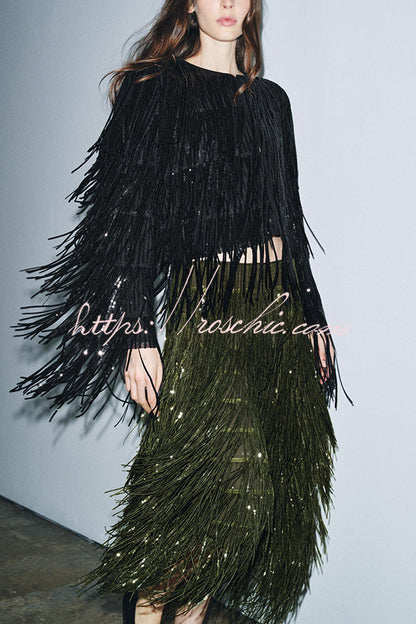 Party Crasher Layered Sequined Tassels High Rise Back Zipper Midi Skirt (Shipped Within 24 Hours)