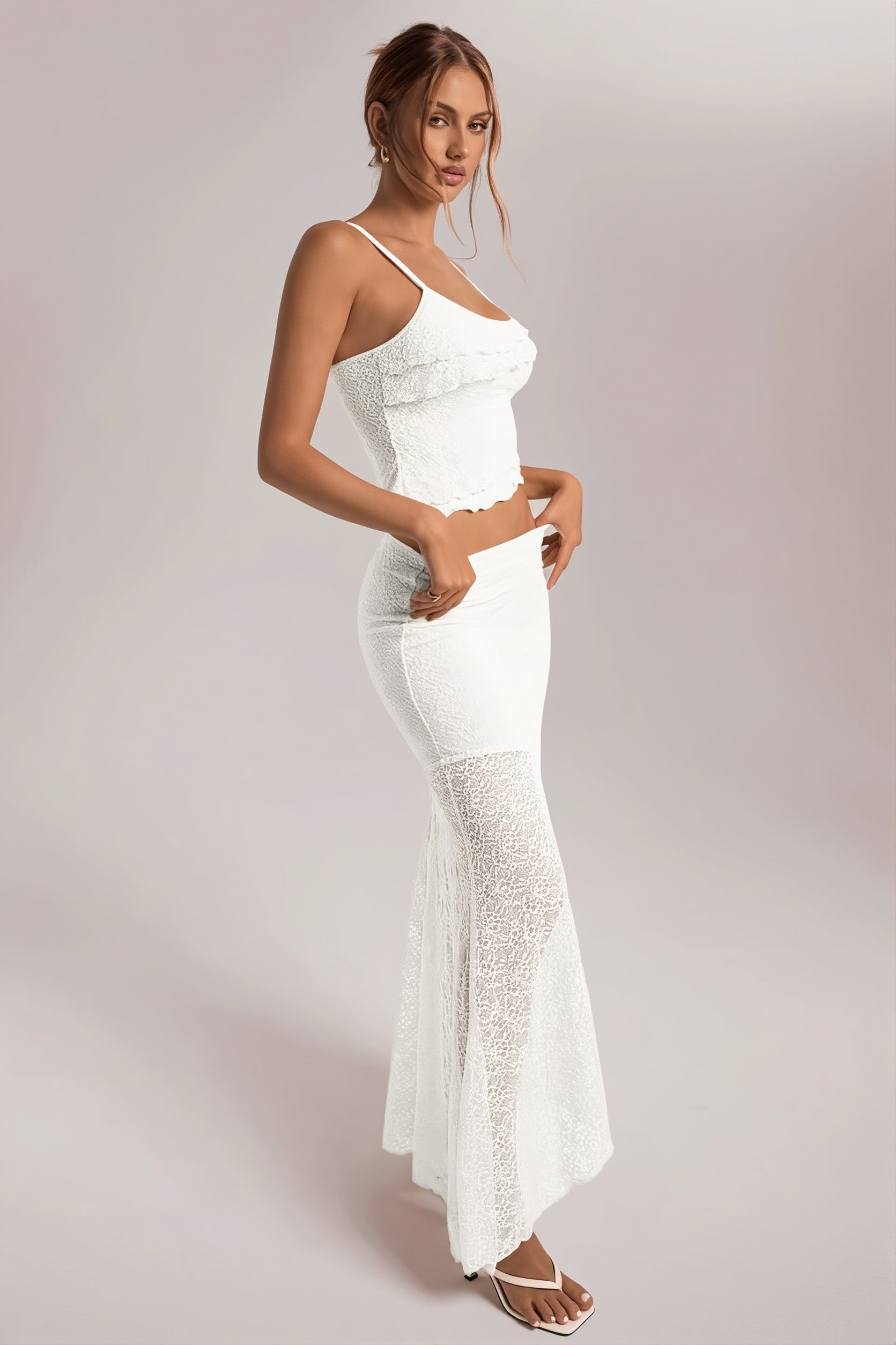 Light Yellow Lace Cami Ruffle Crop Top High Waist Skirt Sets