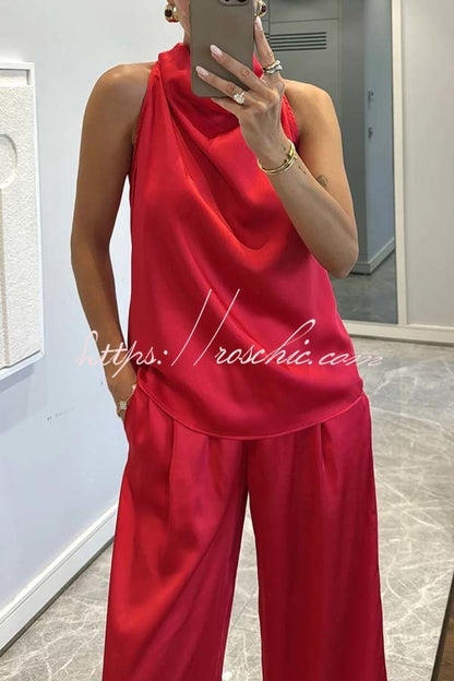 Classic on You Satin High Cowl Neck Top and Elastic Waist Pocket Loose Pants Set