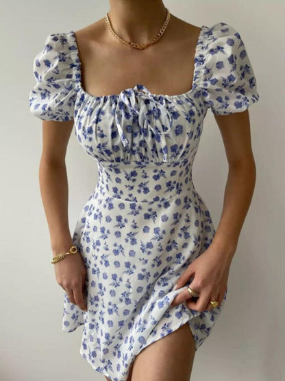 Zipper Floral Printed Short sleeve Mini&Short Dresses