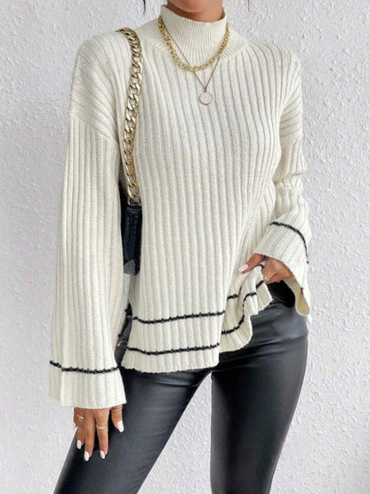 Liber Autumn Women's Contrasting colors Flared sleeves Turtleneck Sweaters