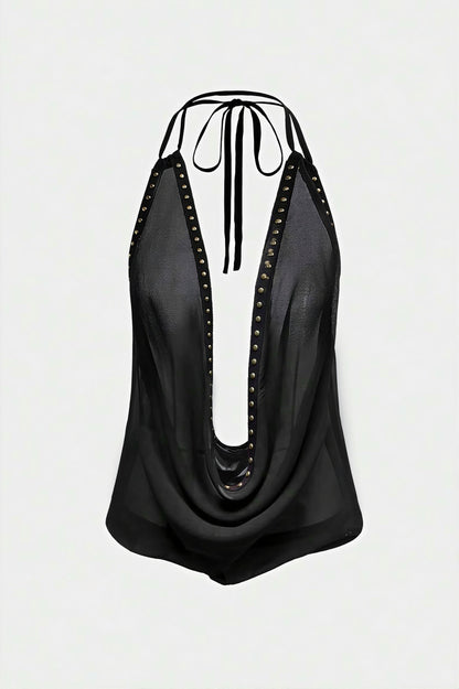 Halter Deep V Backless Rivet Fitted Tank Top
