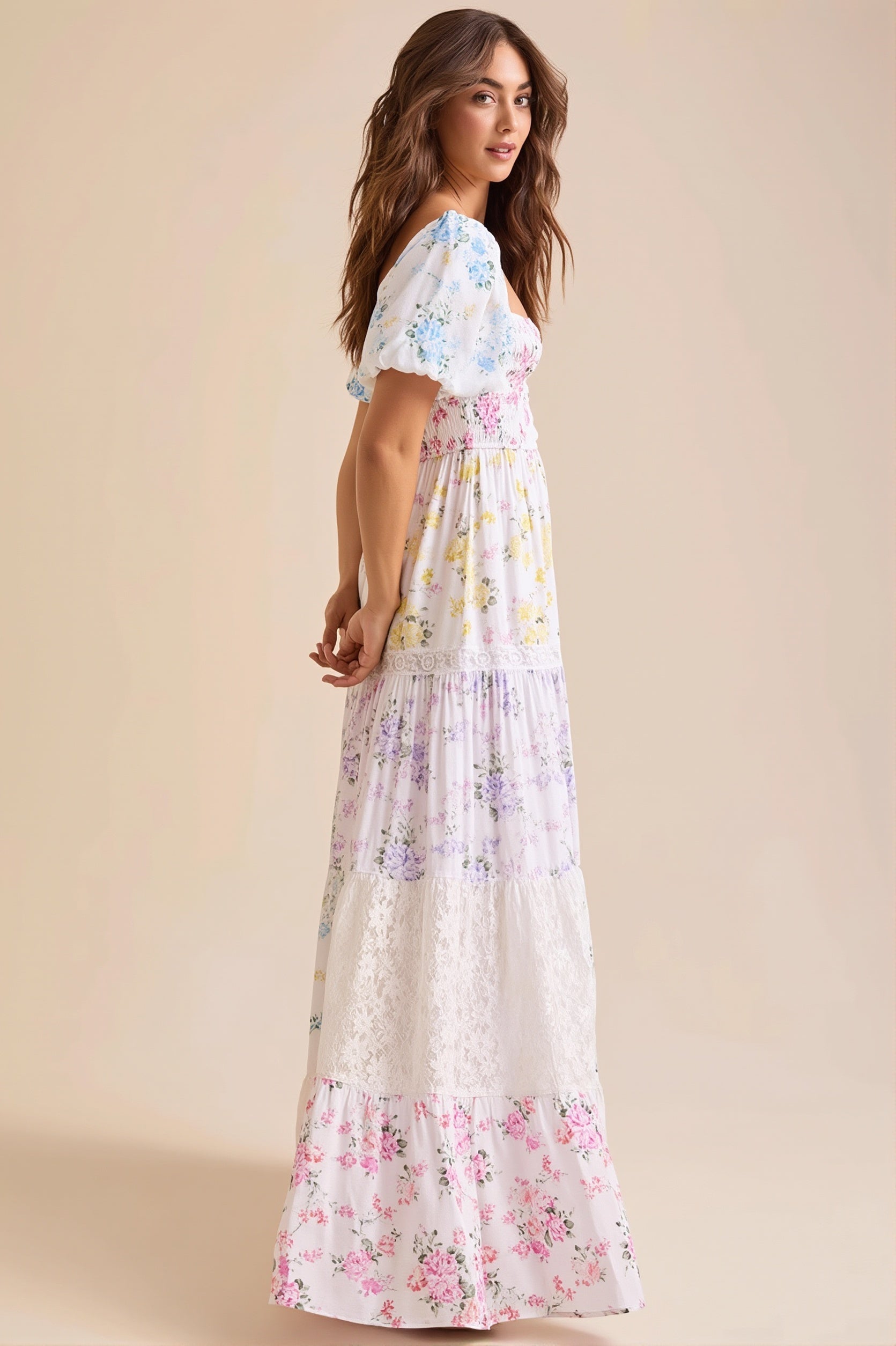 Lace Splice Floral Printed Boho Dress