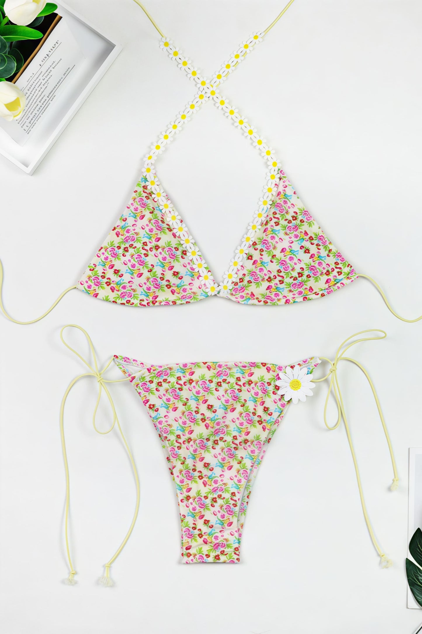 Chic Floral Print High Waist Lace Up Bikini Sets