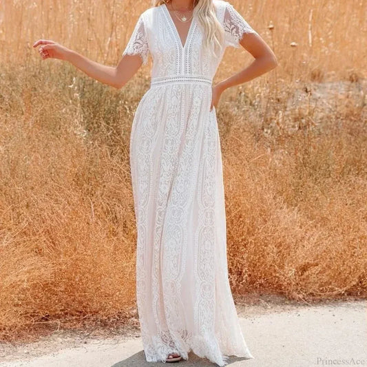 Deep V-neck Lace Hollow Out Vintage White Boho Dress