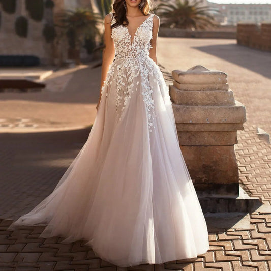 Deep V-Neck Sexy Satin Wedding Dress