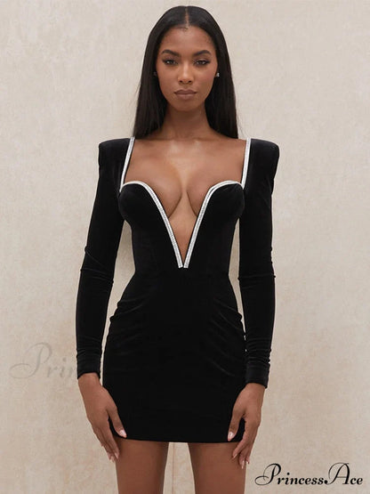 Deep Winter Neck V Gown with Diamante Crystal and Velvet Party Detail