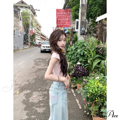 Denim Pink Pocket Charming Bow Embroidery Jeans