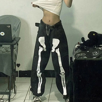 Design Baggy Waist Skeleton Streetwear Jeans Women's Vintage Low Casual Outfits