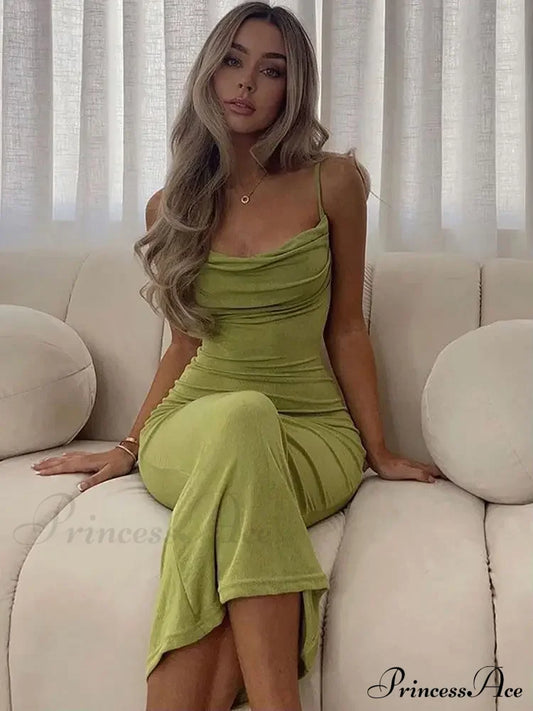 Draped Sleeveless Spaghetti Strap Summer Midi Dress