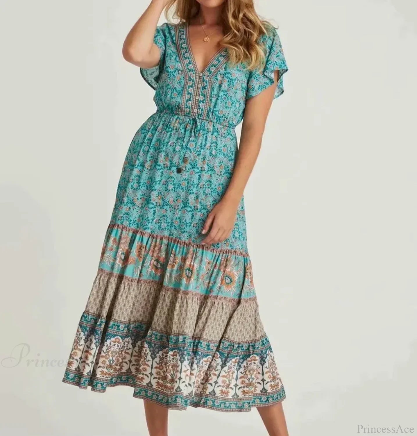 Drawstring Waist Midi Dress Vintage Floral Cotton Casual Summer Dress