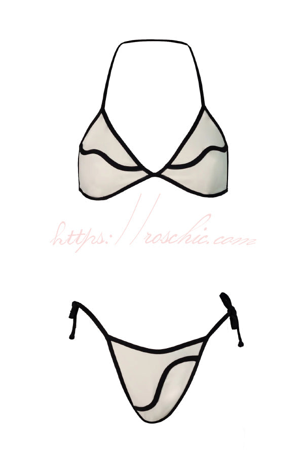Black and White Color-blocked Two-piece Stretch Bikini Swimsuit and Elegant Ruffled Maxi Skirt Set