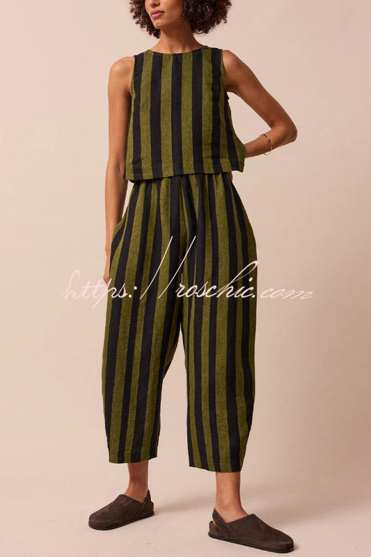 Striped Printed Crew Neck Sleeveless Top and Elastic Waist Wide-leg Pants Set
