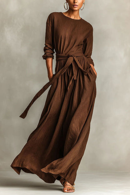 Linen Blend Round Neck Long Sleeve Waist Tie Casual Pocket Maxi Dress