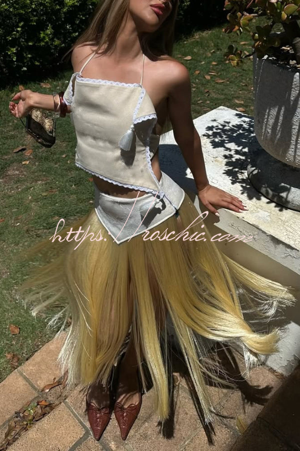 Fashionable Lace Appliqu¨¦ Tassel Hem Vacation Maxi Skirt