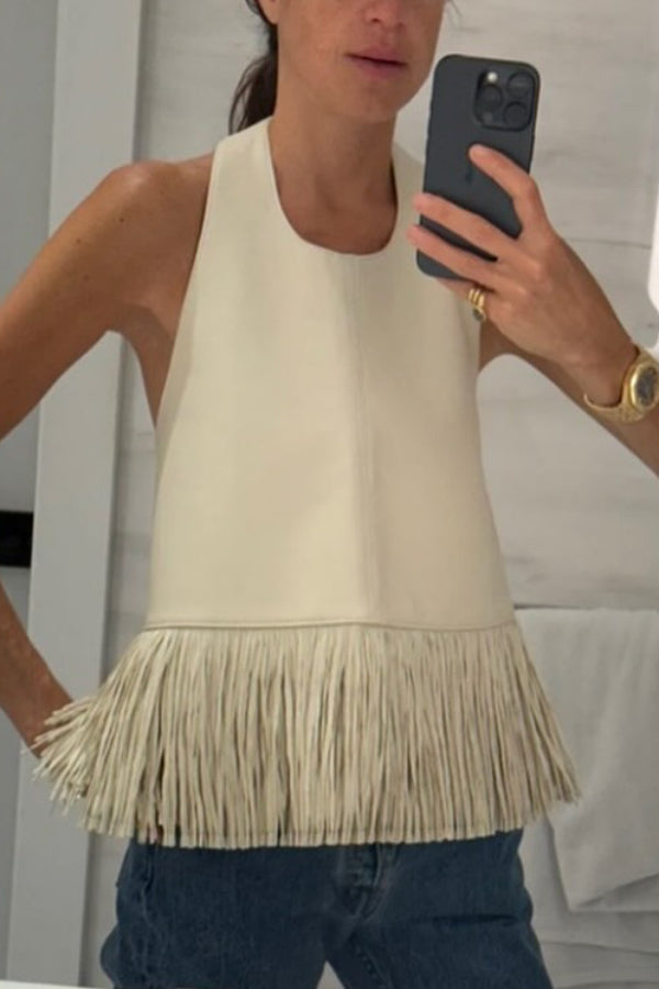 Stylish Halter Neck Sleeveless Leather Tassel Loose Top