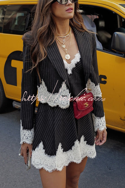 Emily in Paris Striped Lace Trim Pleated Slip Mini Dress(Shipped Within 24 Hours)