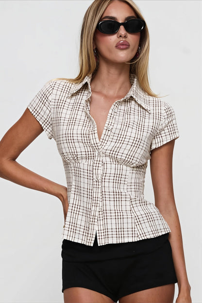 Polo Neck Pleated Cropped Slim Blouse