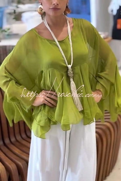 Romantic Journey Chiffon Ruffle Batwing Sleeve Top and Elastic Waist Pocket Loose Pants Set