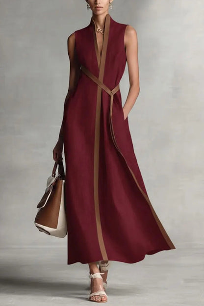 Linen Blend Color-blocked Edging V-neck Sleeveless Loose Maxi Dress