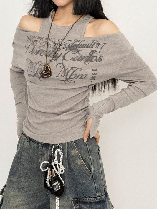 One Shoulder Fake Two Piece Print Long Sleeve Tee