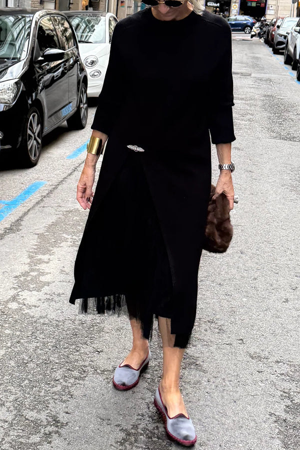 Jollie Knit Long Sleeve Front Slit Midi Sweater and Pleated Tulle Stretch Tank Midi Dress Two-piece