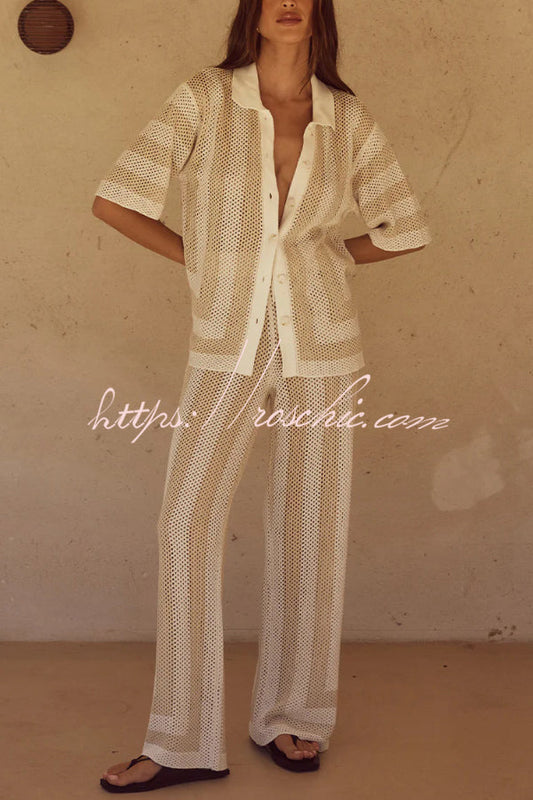 Stylish Knitted Collared Short-Sleeved Button-Up Top and Elastic Waist Casual Pants Cover-Up Set