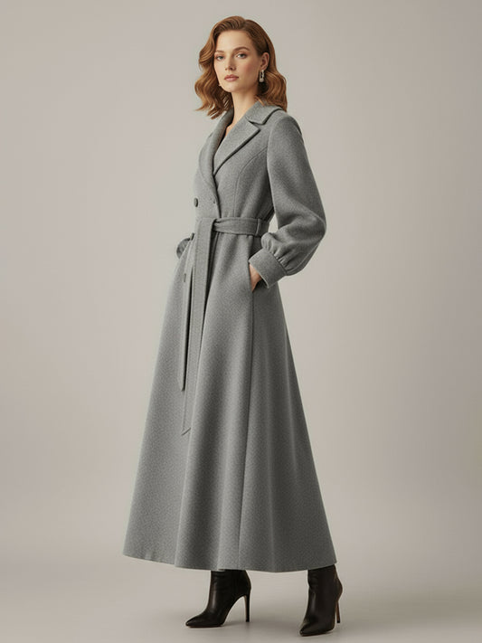 Belted Double-Breasted Woolen Full-Length Coat With Balloon Sleeves For Women 2026