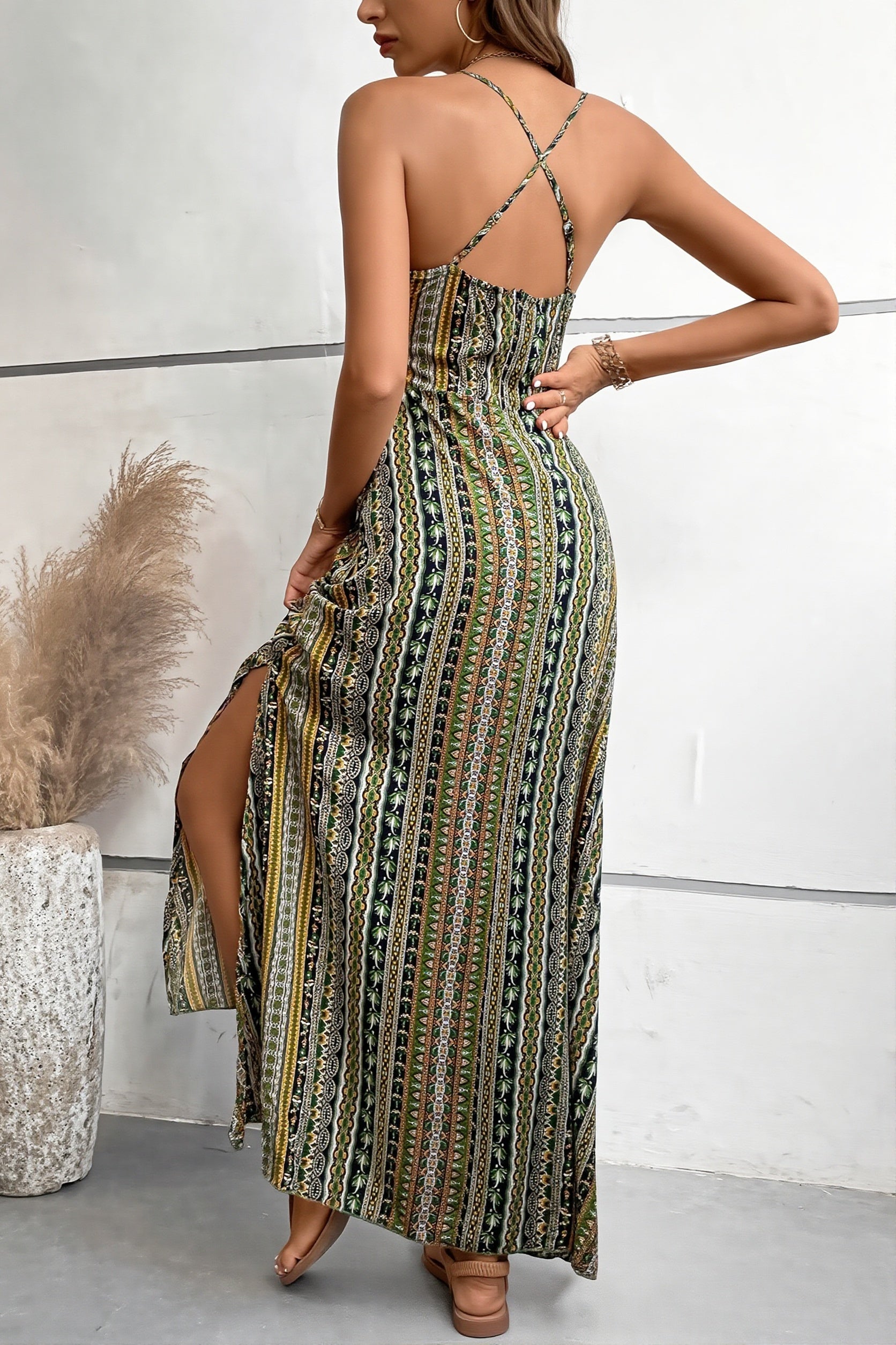 Slit High Waist Floral Cami Boho Dress