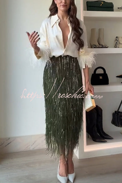 Party Crasher Layered Sequined Tassels High Rise Back Zipper Midi Skirt (Shipped Within 24 Hours)