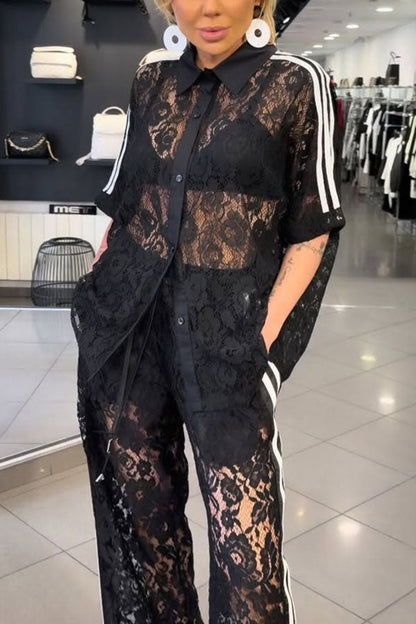 Mix Fashion Lace Striped Trim Short Sleeve Button Shirt and Elastic Waist Pocket Loose Pants Set