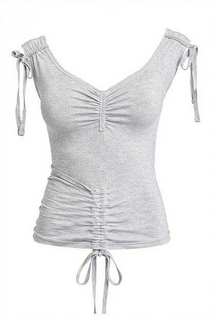 Morandi Solid Drawstring Fitted Blouse