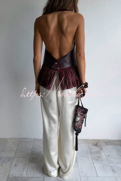 Stylish Halter Neck Sleeveless Leather Tassel Loose Top