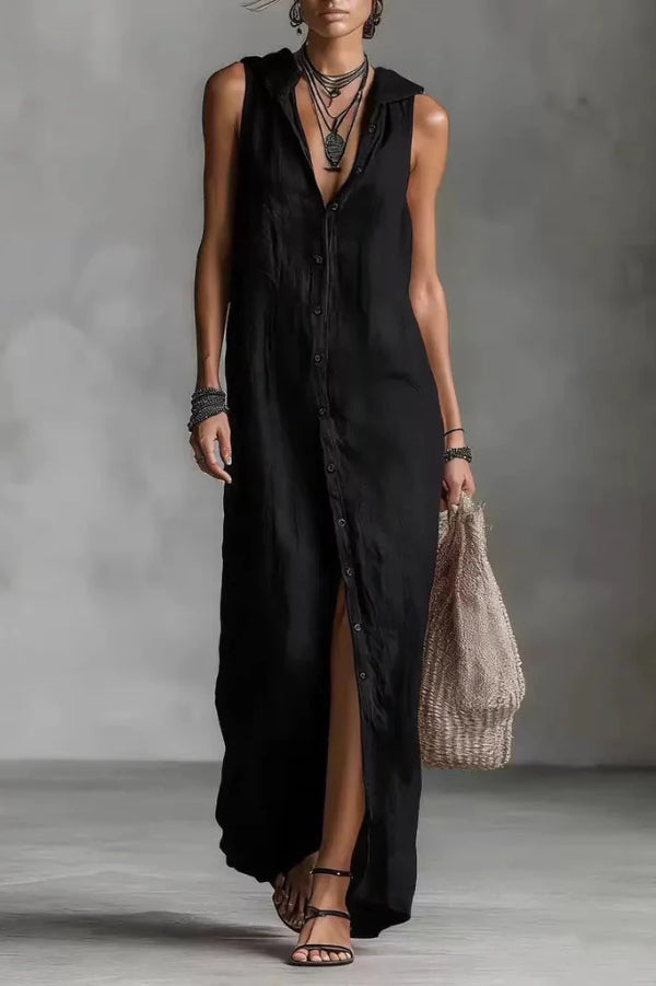 Linen Blend Solid Color Loose Single-breasted Sleeveless Casual Maxi Dress