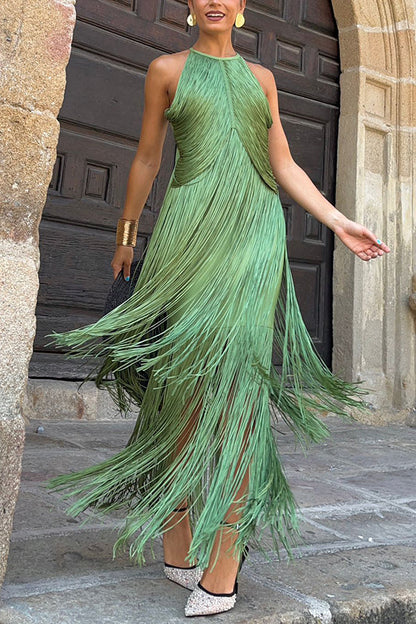 Fashion Sleeveless Halter Neck Elegant Tassel Slim Maxi Dress