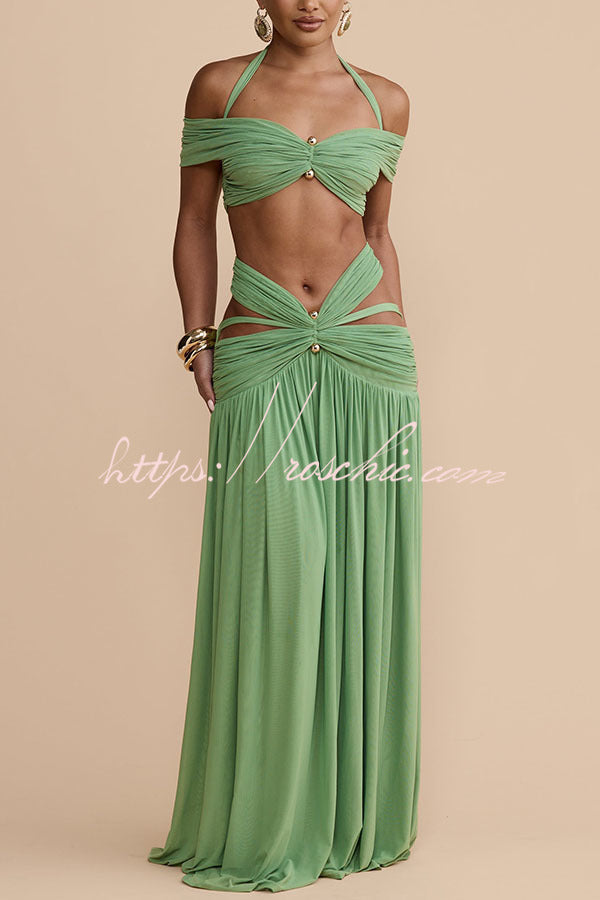 Martina Stretch Mesh Gold Metal Detail Gathered Sweetheart Crop Halter Vacation Tank