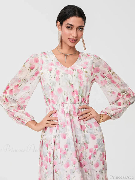 Elegant Floral Flowing Long Sleeve A-Line Floral Dress