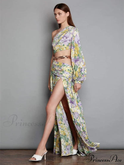 Elegant Floral Irregular Cut Out Long Sleeve Dress