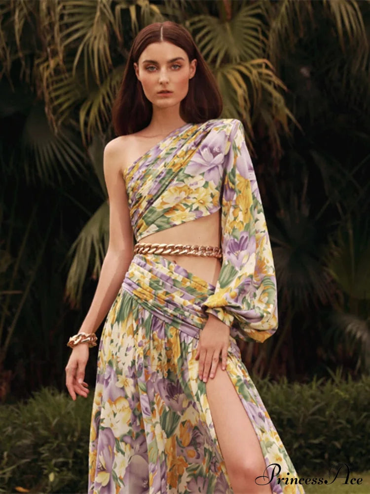 Elegant Floral Irregular Cut Out Long Sleeve Dress