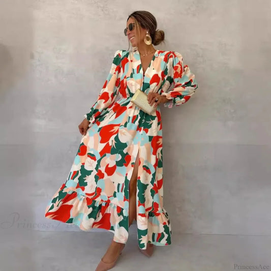 Elegant V-neck Printed Floral Dress