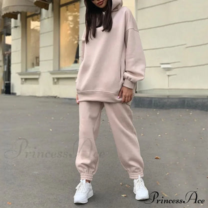 Elegant with Long Sweatshirt Women's Set and Hoodie Lace-Up Warm Pant Solid Detail