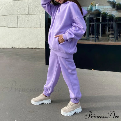 Elegant with Long Sweatshirt Women's Set and Hoodie Lace-Up Warm Pant Solid Detail