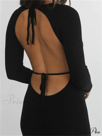 Elegant Women Round Neck Party Solid Color Sleeve Backless Tie Up Party Female Vestidos