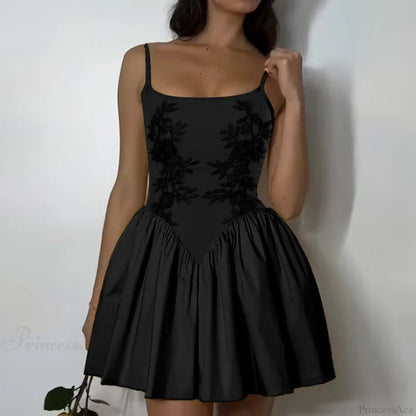 Embroidered Flower High Waist Puffy Floral Dress