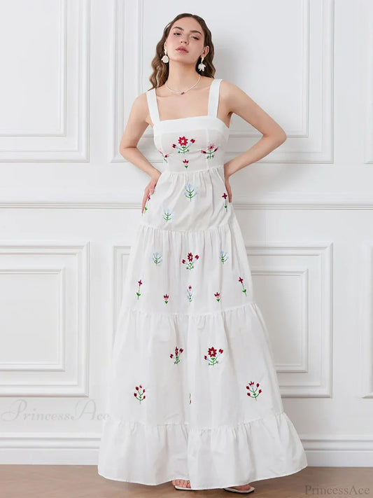 Embroidered Flower Ruched Tiered Slip Floral Dress