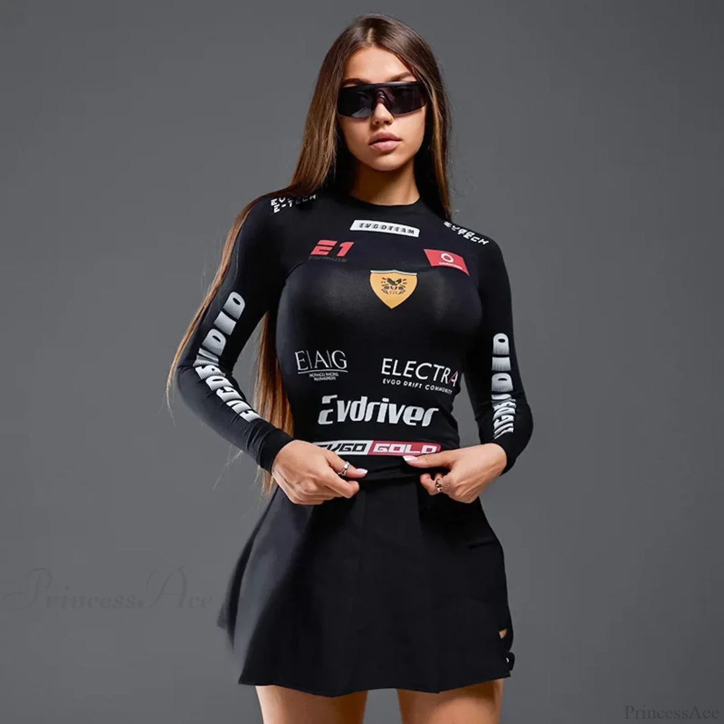 European American Motorcycle Style Letter Print Slim Knit Top