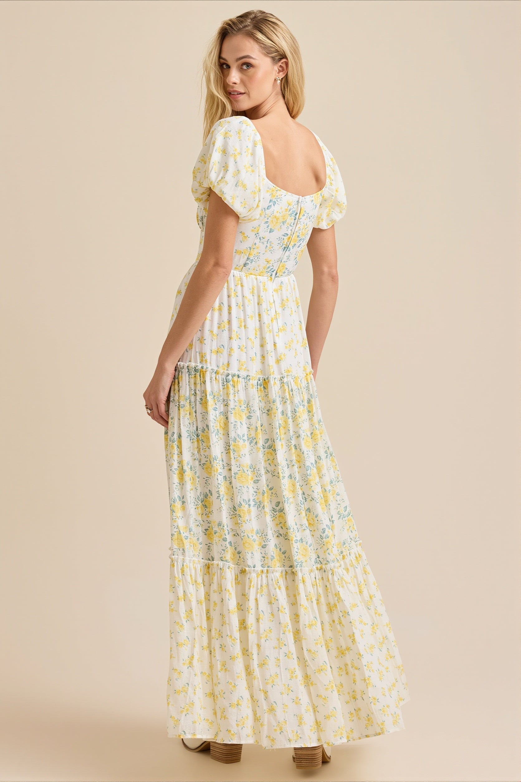 Puff Sleeve Floral V Neck Boho Dress