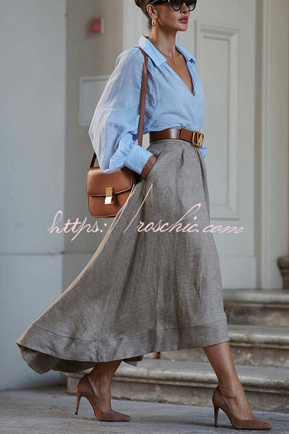All Round Comfort Linen Blend V-neck Balloon Sleeve Loose Blouse