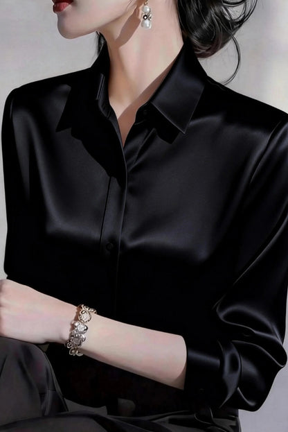 Solid Color Satin Collared Long-sleeved Button-down Casual Shirt